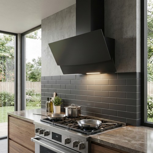 Wandhaube Diagonal Glas schwarz mit Edelstahl