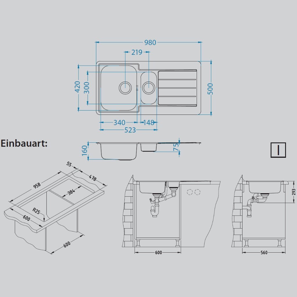 Küchenspüle kupfern mit Restebecken Monarch Line 10