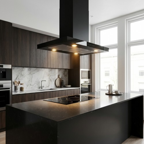 Inselhaube schwarz matt mit schwarzer Glasfront Inselhaube schwarz matt mit schwarzer Glasfront