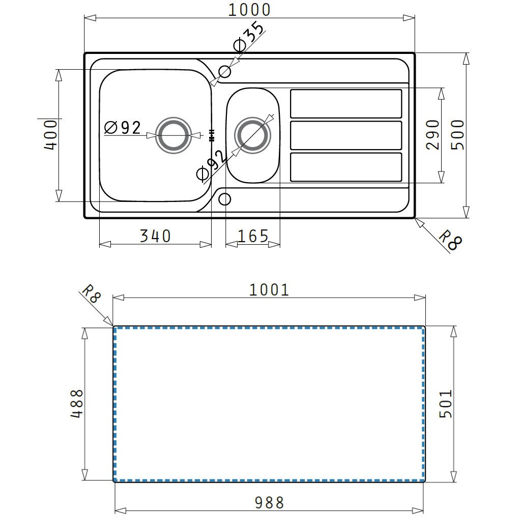 Flächenbündige Küchenspüle Edelstahl mit Restebecken