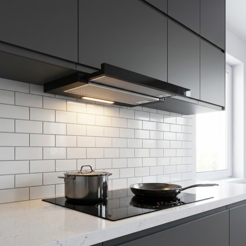 Einbauhaube Schubl&uuml;fter ausziehbar mit schwarzer Glasblende 60 cm