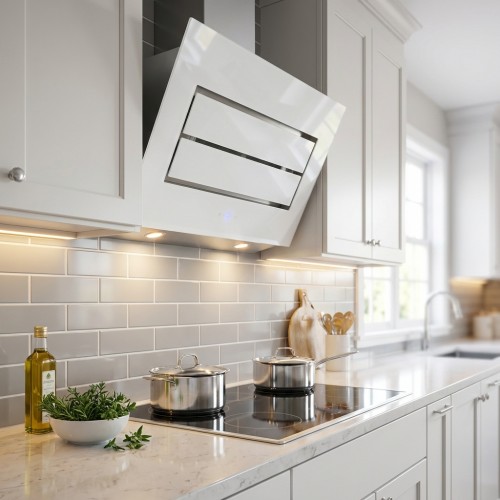 Wandhaube Kopffrei Glas weiss mit Edelstahl