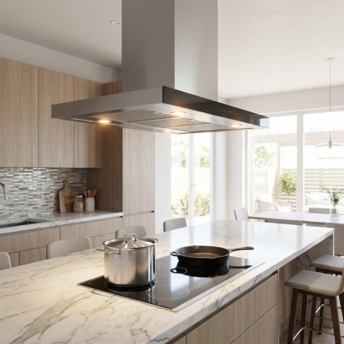 Inselhaube Edelstahl mit schwarzer Glasfront Inselhaube Edelstahl mit schwarzer Glasfront