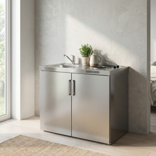 Pantryk&uuml;che aus Edelstahl 100 cm mit K&uuml;hlschrank