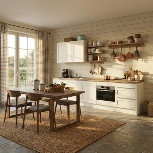 Landhausküche 305 cm, Front in Kassettenform, kleines Duokochfeld Landhausküche 305 cm, Front in Kassettenform, kleines Duokochfeld