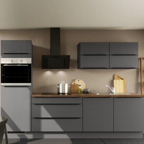 Impuls kompakte Küchenzeile 280cm Grafit Matt mit schwarzer Griffleiste