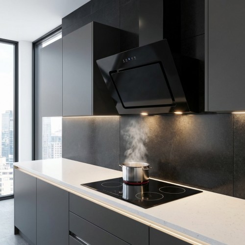 Schr&auml;ghaube Glas schwarz mit Randabsaugung Breite 90 cm