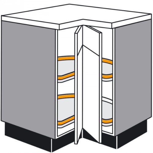 Eck-Unterschrank mit Holzdrehb&ouml;den geteilte einschwenkbare T&uuml;ren (verstiftet) mit Anschlagd&auml;mpfung