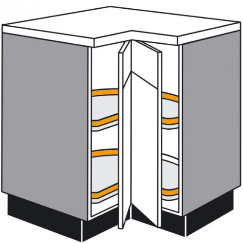Eck-Unterschrank mit Holzdrehböden geteilte einschwenkbare Türen (verstiftet) mit Anschlagdämpfung