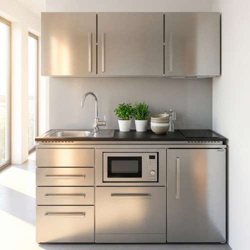 Büroküche Designline Edelstahl 160 cm breit mit Mikrowelle, Hängeschränke, Geschirrspüler Büroküche Designline Edelstahl 160 cm breit mit Mikrowelle, Hängeschränke, Geschirrspüler