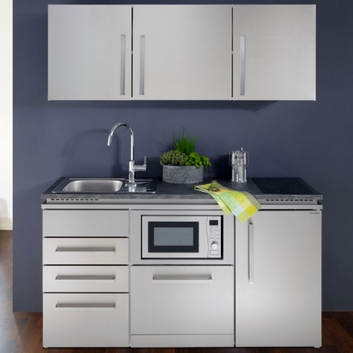 Büroküche Designline Edelstahl 160 cm breit mit Mikrowelle, Hängeschränke, Geschirrspüler
