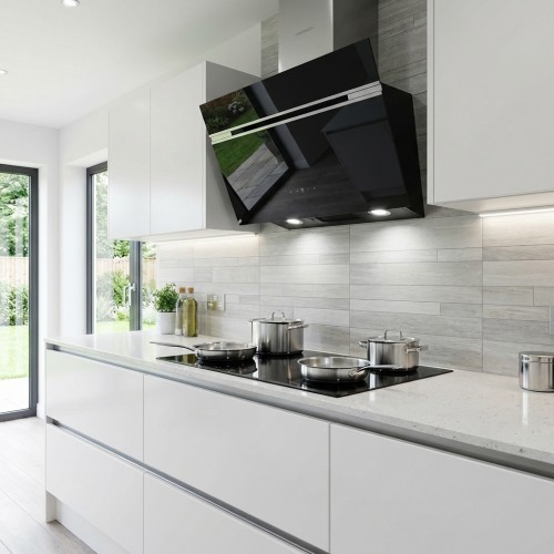 Abzugshaube Glas schwarz mit Edelstahl Schacht