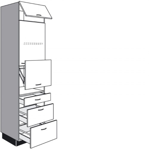 Hochschrank für Einbaugeräte mit 1 Lifttür, 1 Drehtür 1 Schubkasten 2 Auszüge 1 Klappe