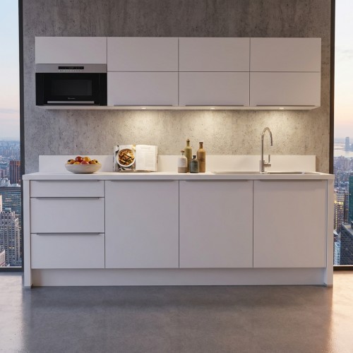 B&uuml;rok&uuml;che 248 cm mit Falt-Lift-Oberschr&auml;nken & Mikrowelle