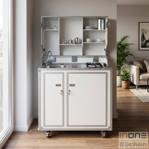 kitcase pro-art Kofferk&uuml;che weiss matt - Die mobile K&uuml;che im Flightcase mit Rollen