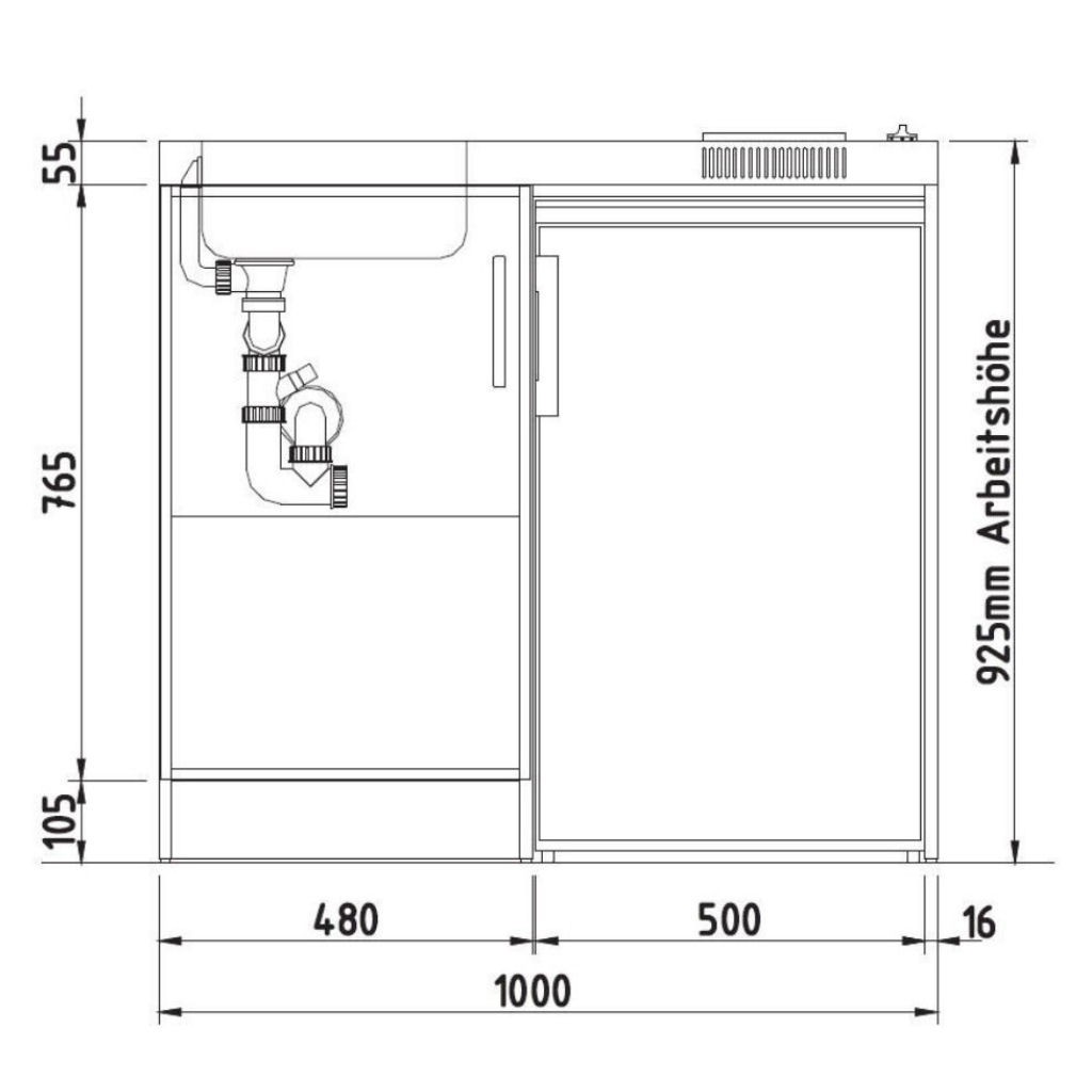 Miniküche mit Hängeschrank, Mikrowelle und Kühlschrank