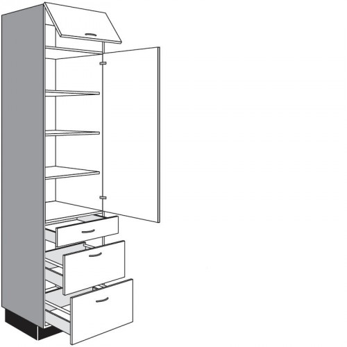 Hochschrank für Geschirr mit 1 Klappe 1 Drehtür 2 Auszüge und 1 Schubkasten