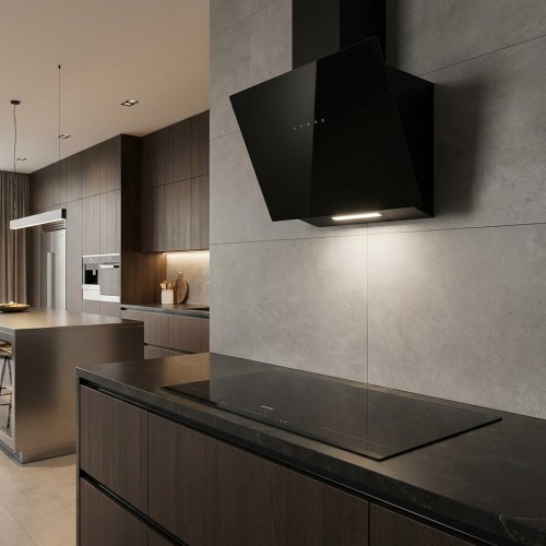 Schr&auml;ghaube Glas schwarz mit Edelstahl Kamin LED-Stripe 1x8 W