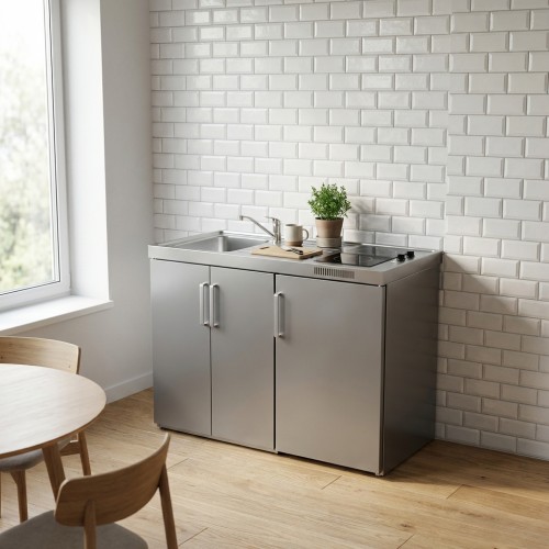 Pantryküche aus Edelstahl 120 cm mit Kühlschrank Pantryküche aus Edelstahl 120 cm mit Kühlschrank