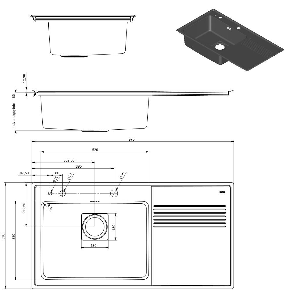 Spüle mit Abtropffläche und Armaturenbank