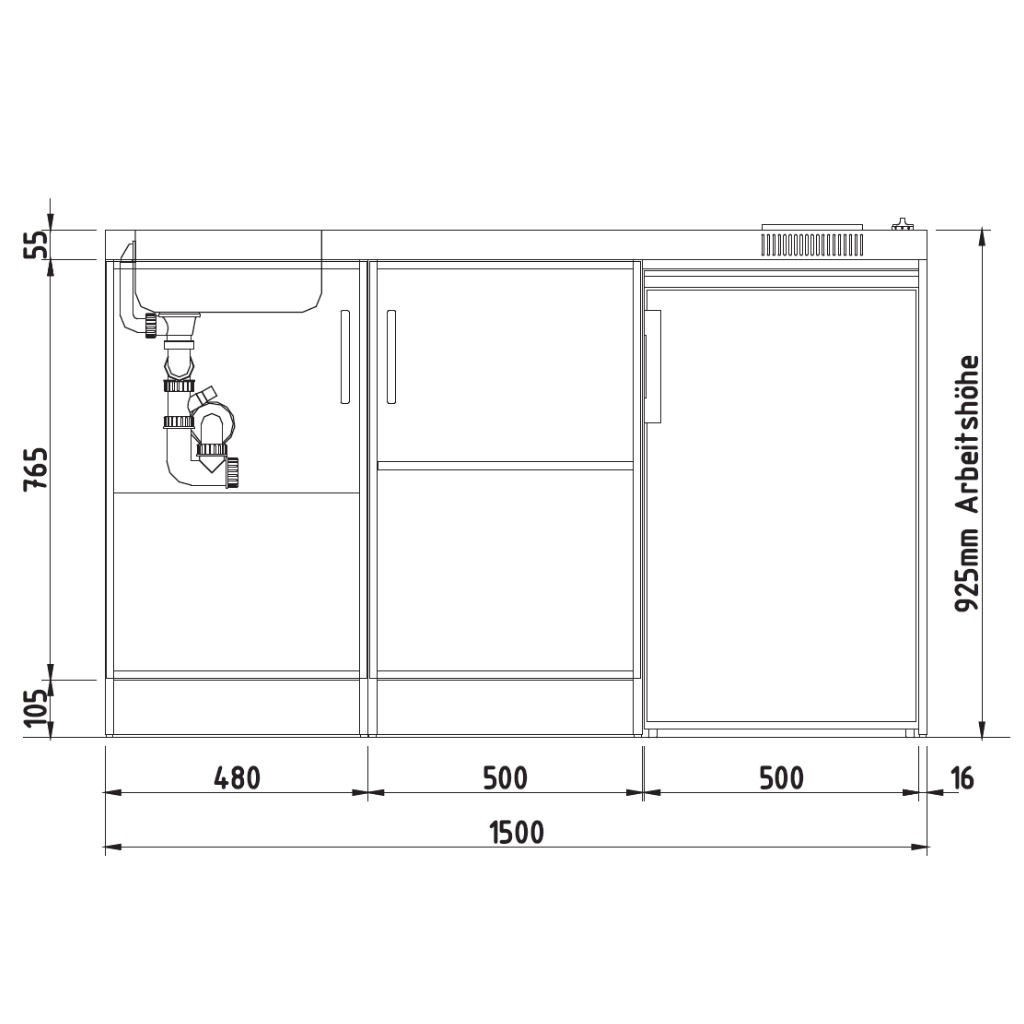 Miniküche Edelstahl 150 cm Breite mit Kühlschrank A+