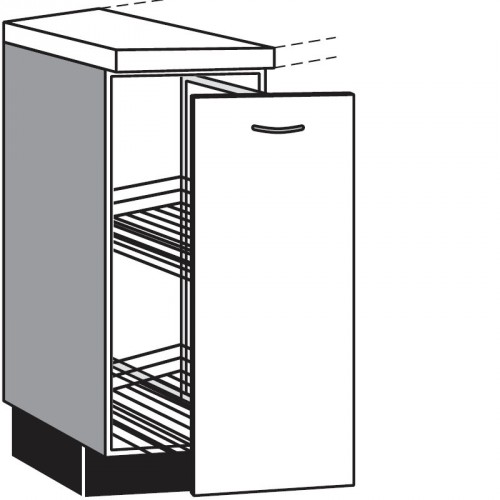 Diagonal-Unterschrank mit 1 Apothekerauszug und 2 verstellbar eingehängten Drahtkörbe silbergrau