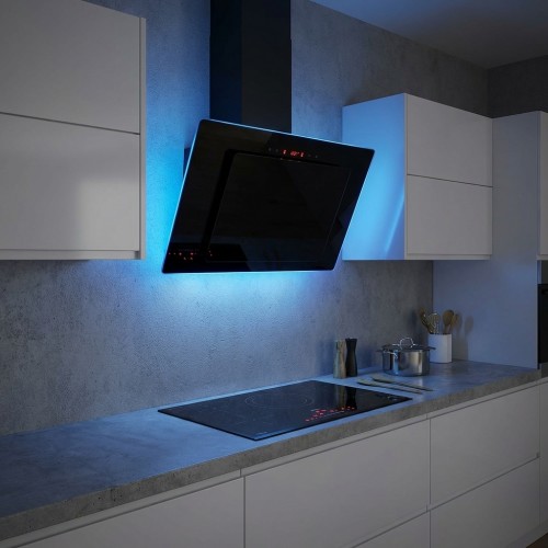 Kopffreihaube Glas mit Edelstahl schwarz 60cm mit LED-Ambiente