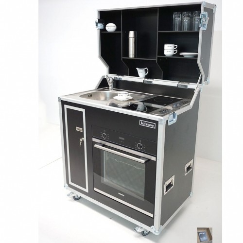 kitcase pro-art Kofferküche mit Backofen, Spüle und Pantryauflage - die mobile Küche im Flightcase auf Rollen