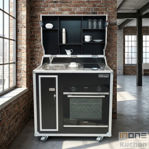 kitcase pro-art Kofferk&uuml;che mit Backofen, Sp&uuml;le und Pantryauflage - die mobile K&uuml;che im Flightcase auf Rollen