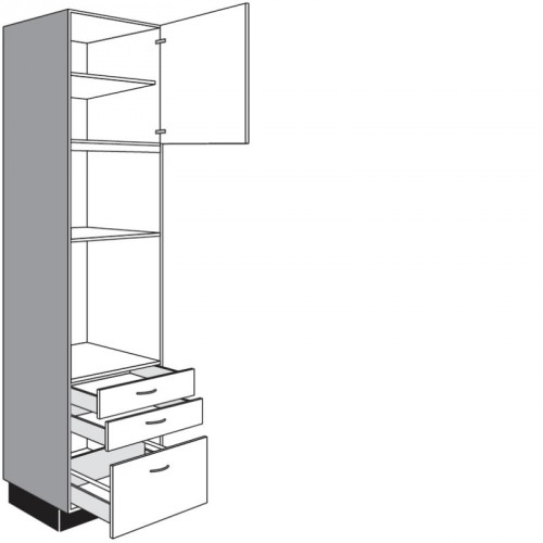 Hochschrank für Einbaugeräte mit 1 Drehtür 2 Schubkästen und 1 Auszug